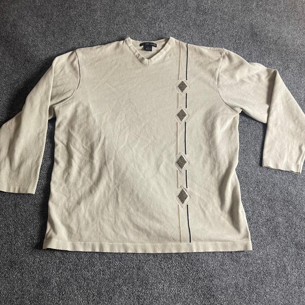 Geoffrey Beene Mens XL V-Neck Sweater Beige Tan Argyle Diamond Knit Cotton Blend